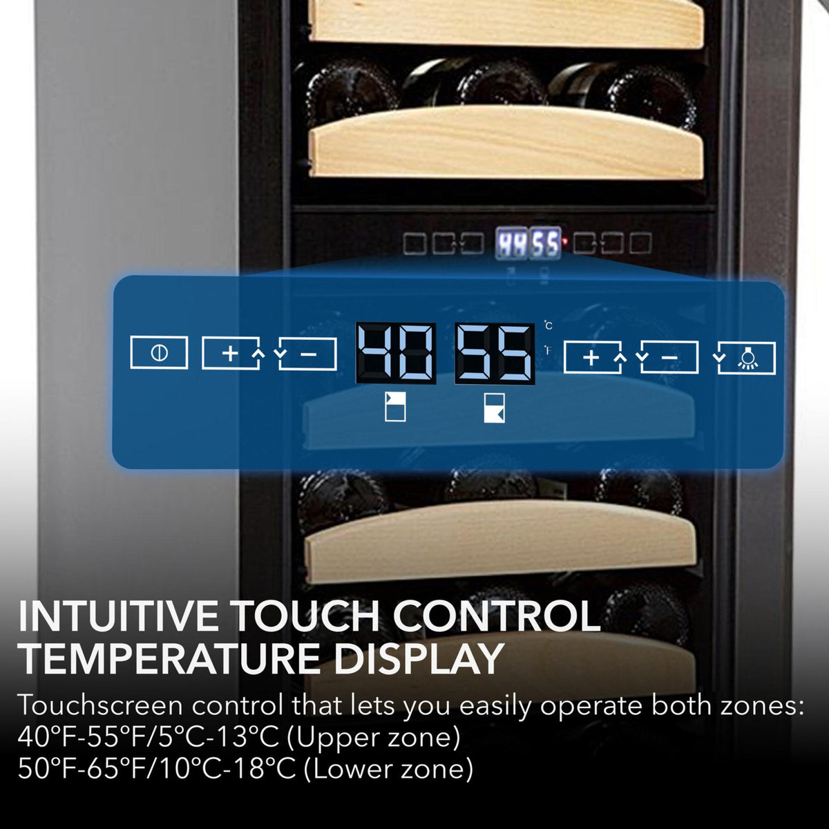 A wine cooler with a digital touch control display overlay, showing a blue translucent interface on the front door with text below reading 'INTUITIVE TOUCH CONTROL TEMPERATURE DISPLAY'.