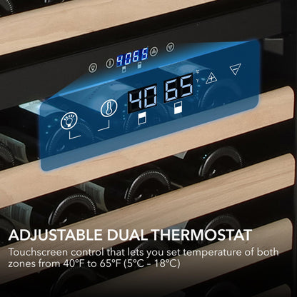 BWR-1642DZ Digital display of an adjustable dual thermostat with touchscreen control in a wine cooler.