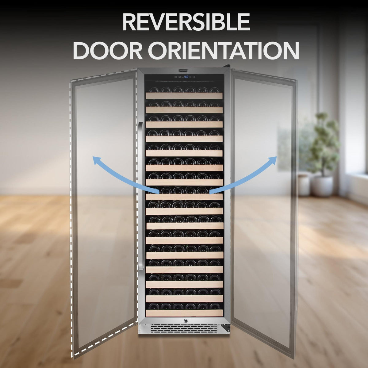 Whynter 24" BWR-1662SD 166 Bottle Built-In Wine Cooler 'REVERSIBLE DOOR ORIENTATION,' indicating the doors can be opened or closed from either side.