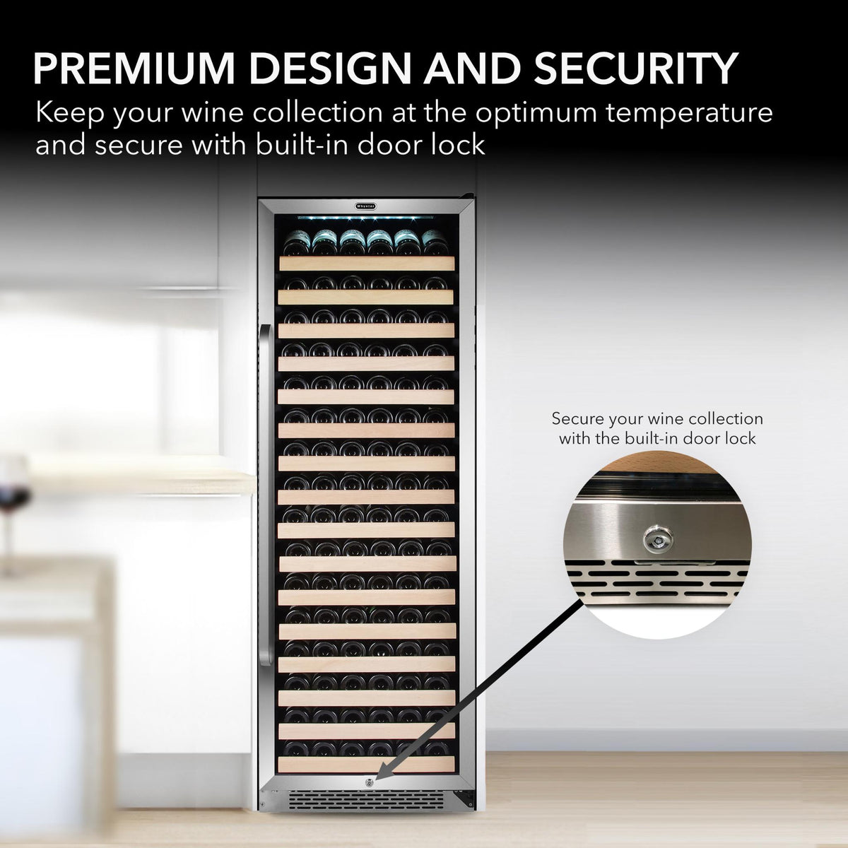 Whynter BWR-1662SD Wine Cooler Refrigerator built-in door lock feature, displaying wine bottles inside.