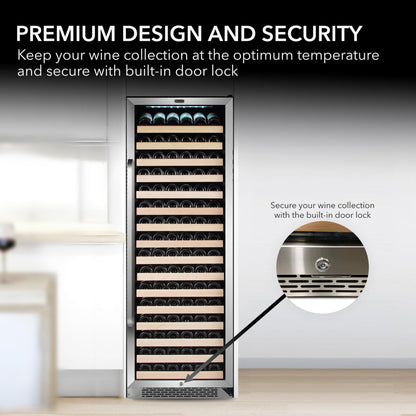 Whynter BWR-1662SD Wine Cooler Refrigerator built-in door lock feature, displaying wine bottles inside.