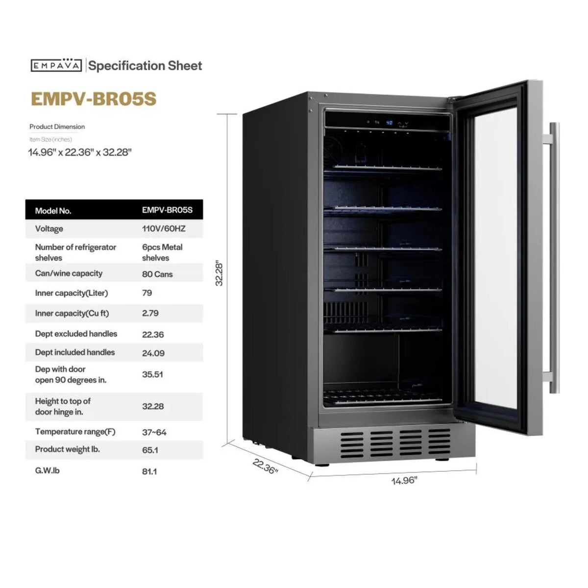 Empava 15-inch Beverage Cooler Refrigerator BR05S specs