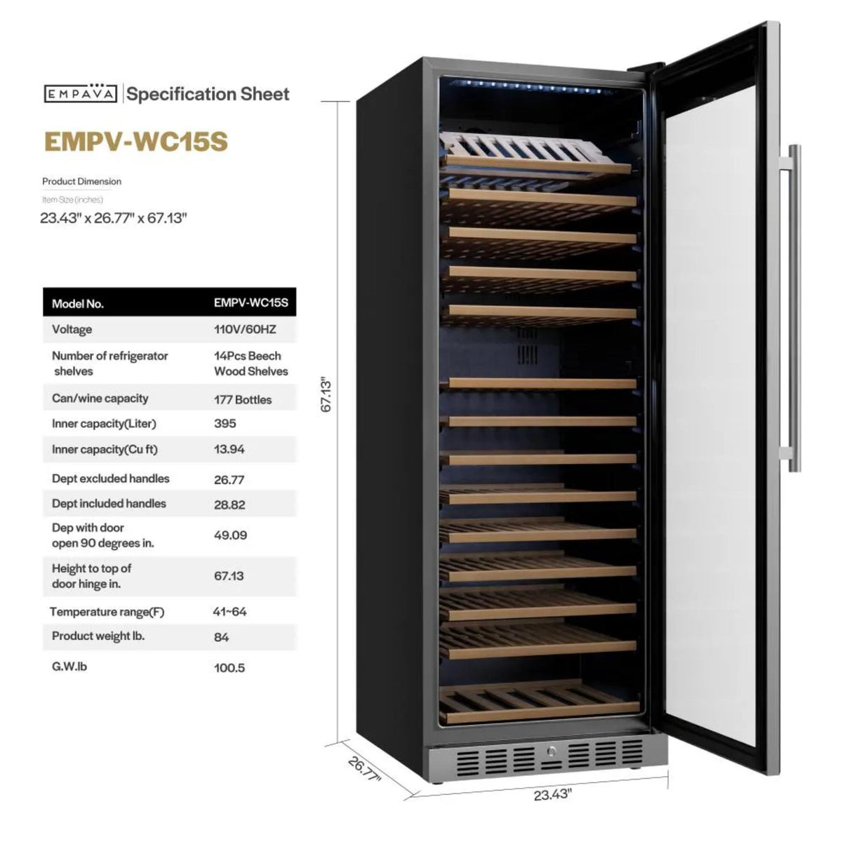 Empava 24-inch 177 Bottles Wine Cooler Refrigerator WC15S specs