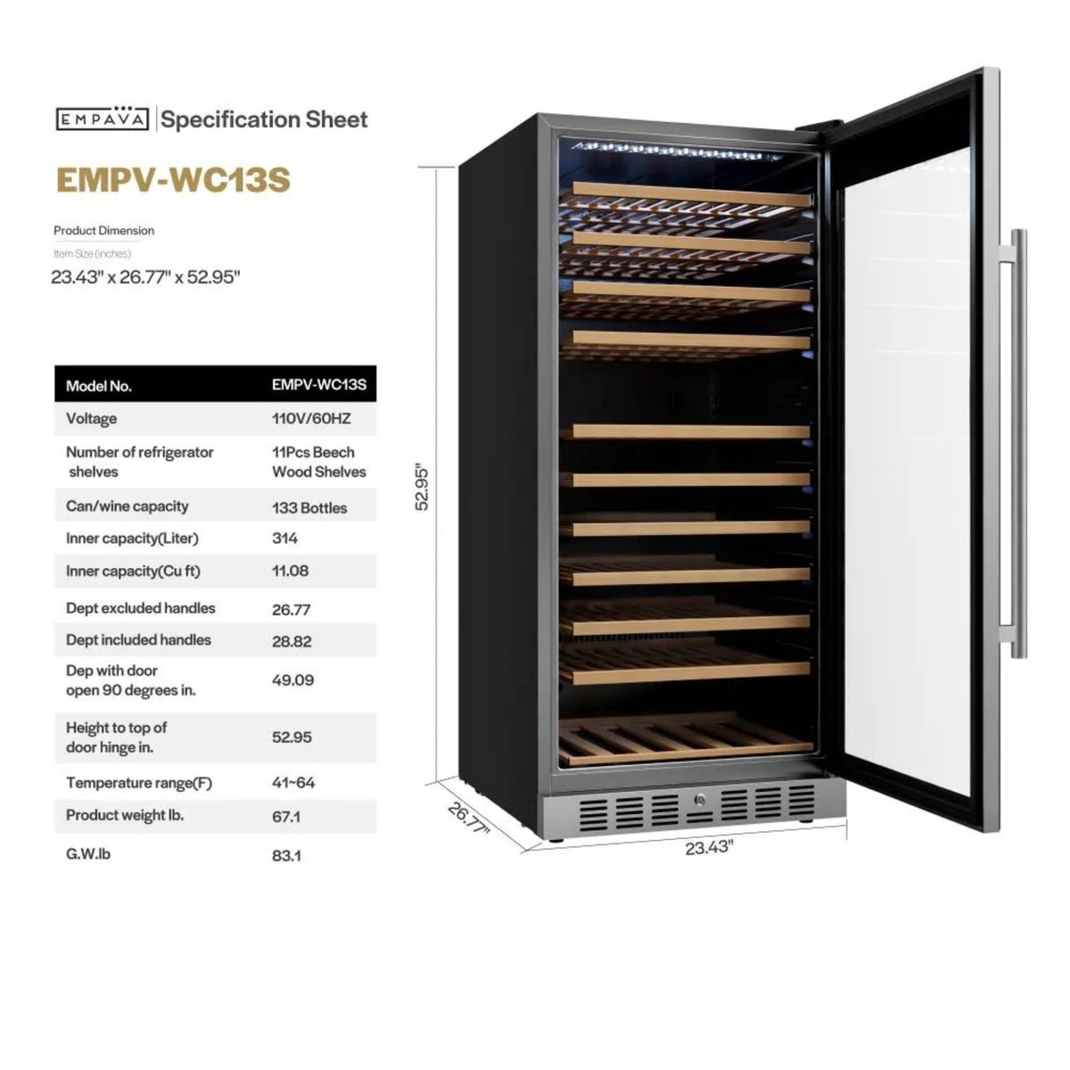 Empava 24-inch Wine Cooler Refrigerator 133 Bottles WC13S specs