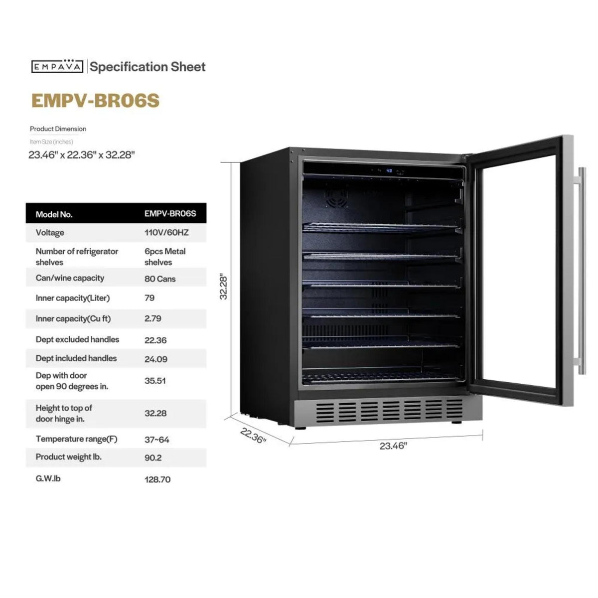 Empava 24 inch 140 Cans Beverage Cooler Refrigerator EMPV-BR06S specs