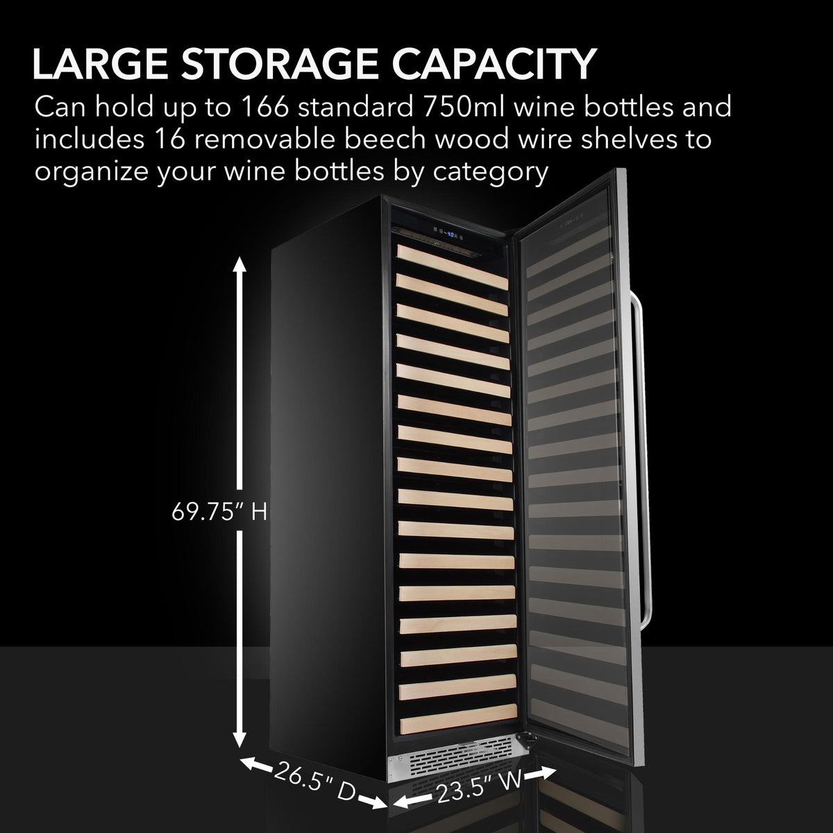 Whynter 24" BWR-1662SD 166 Bottle Built-In Wine Cooler labeled with dimensions and capacity details.