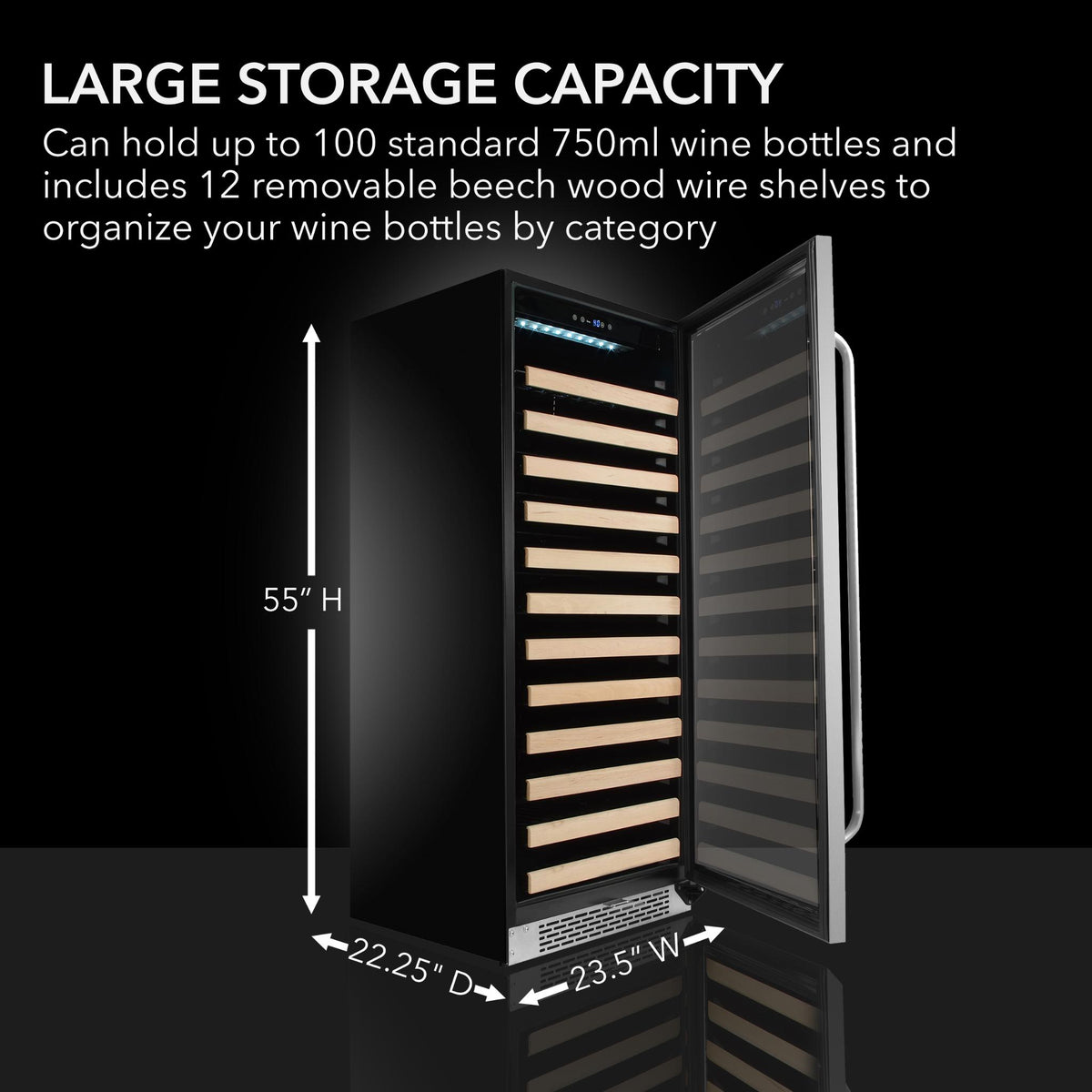 Whynter 24" 100 Bottle Wine Cooler Refrigerator with dimensions and storage capacity details