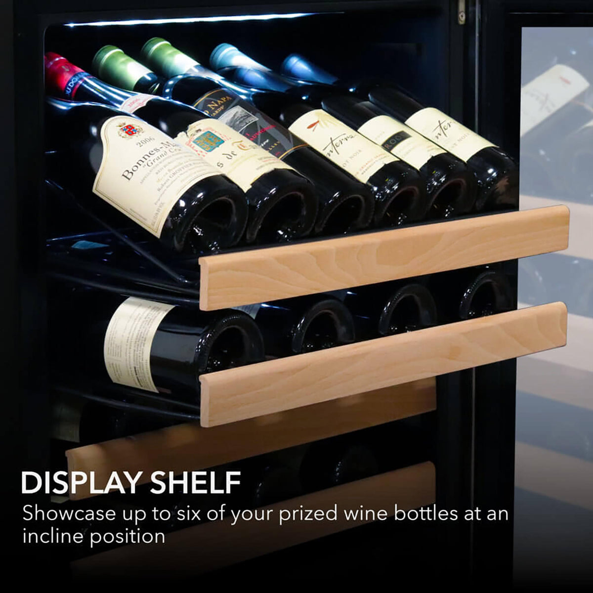 Whynter BWR-1642DZ Wine Cooler Refrigerator Wine rack with wooden display shelves holding wine bottles.