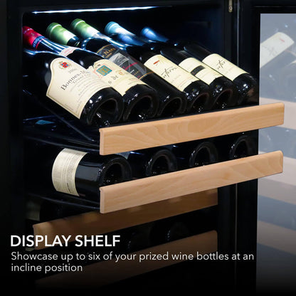 Whynter BWR-1642DZ Wine Cooler Refrigerator Wine rack with wooden display shelves holding wine bottles.