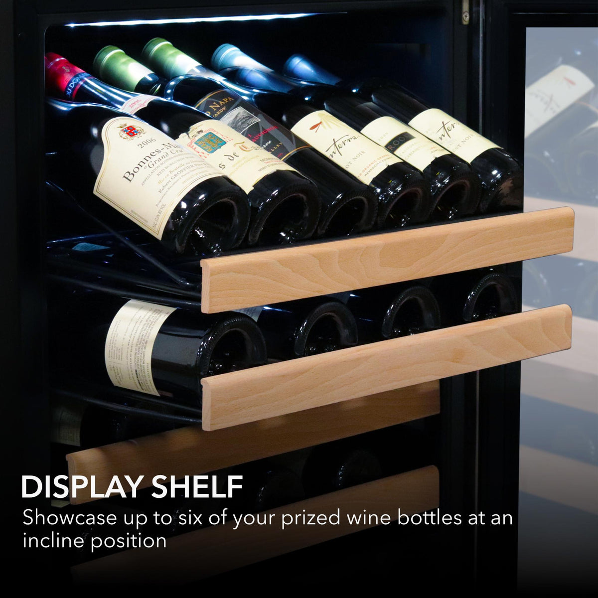 Whynter 24" BWR-1662SD Wine Cooler Wine rack with wooden display shelves holding wine bottles.