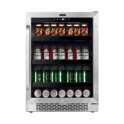 whynter-BBR-148SB-182-can-Beverage-Refrigerator with a glass door, stocked with various canned sodas, beers, and colas, shown against a plain white background.