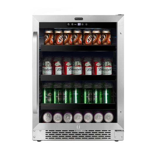 whynter-BBR-148SB-182-can-Beverage-Refrigerator with a glass door, stocked with various canned sodas, beers, and colas, shown against a plain white background.