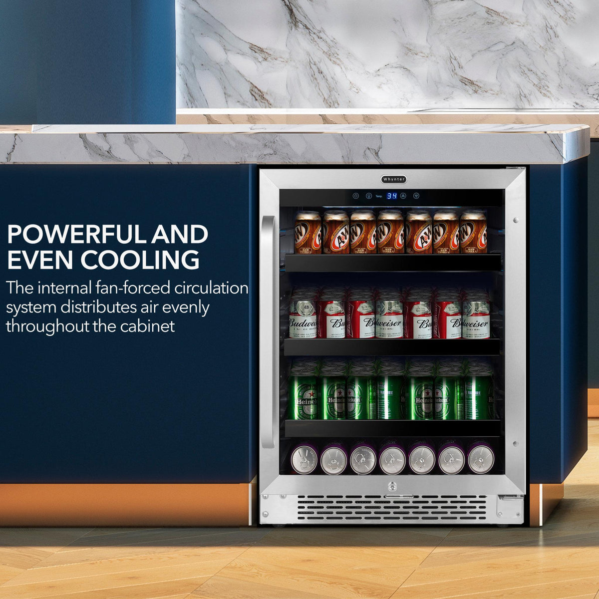 whynter-BBR-148SB-182-can-Beverage-Refrigerator on a kitchen counter, featuring powerful cooling system.