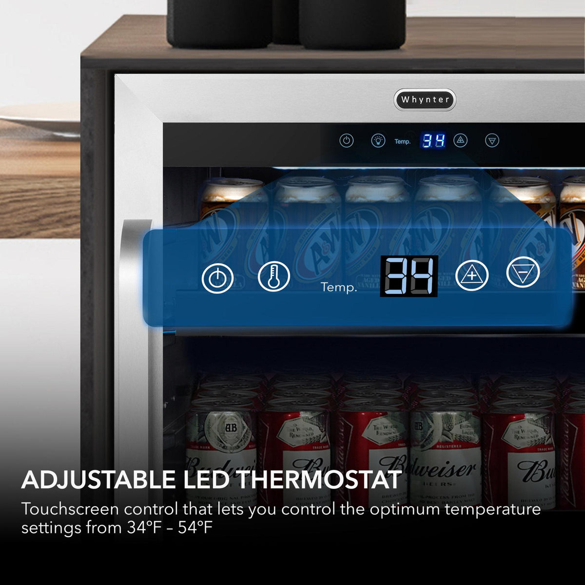 whynter-BBR-148SB-182-can-Beverage-Refrigerator-Thermostat touchscreen control, displaying a digital temperature display.