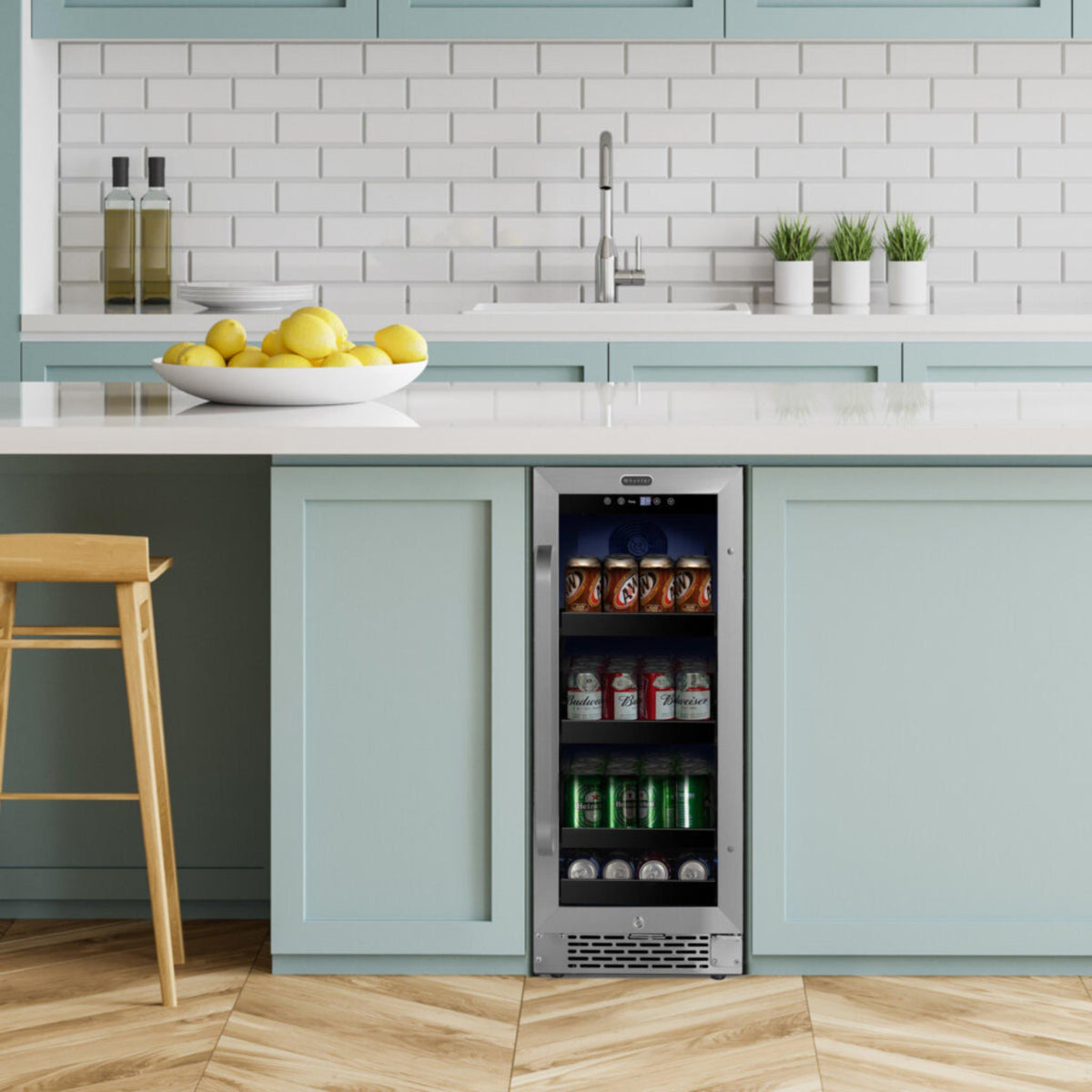 whynter-BBR-838SB-112-can-Beverage-cooler-Refrigerator, installed in a modern kitchen.