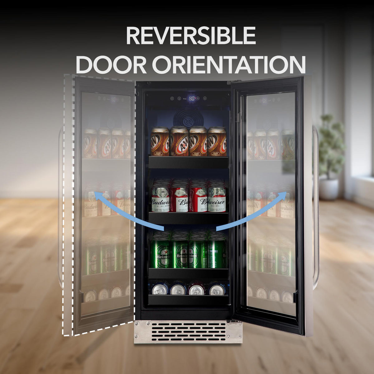 whynter-BBR-838SB-112-can-Beverage-cooler-Refrigerator-with reversible door orientation feature.