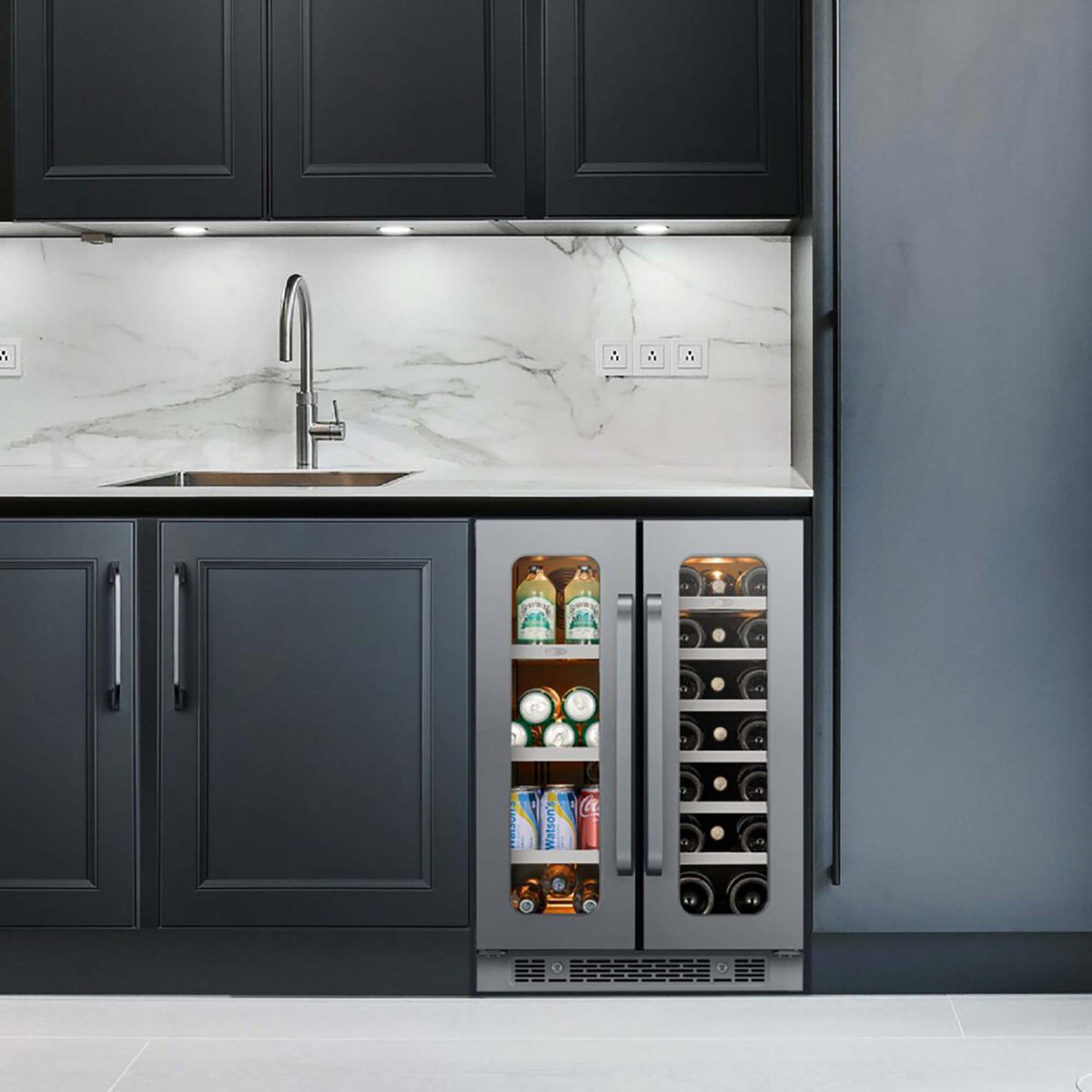 A built-in undercounter whynter-BSR-6020FDS-60-can-20-bottle-wine-cooler-refrigerator, shown open with bottles stored inside