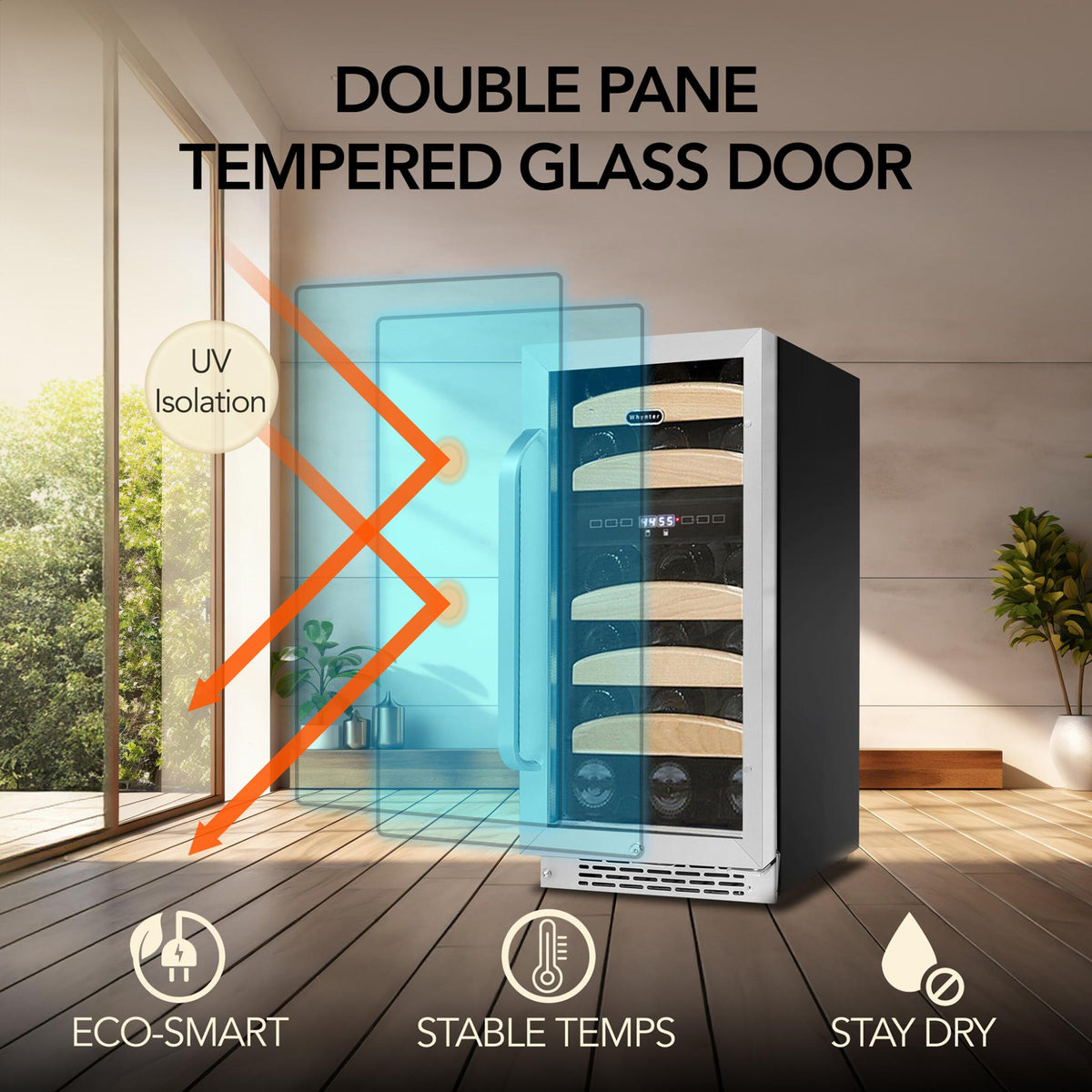 Wine cooler with double pane tempered glass door in a modern interior setting