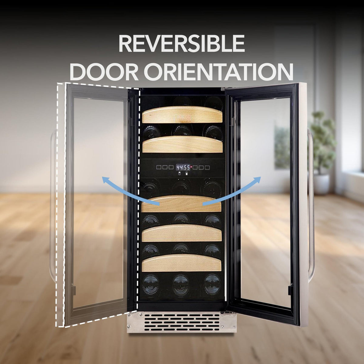 Wine cooler with reversible door orientation feature in a room setting