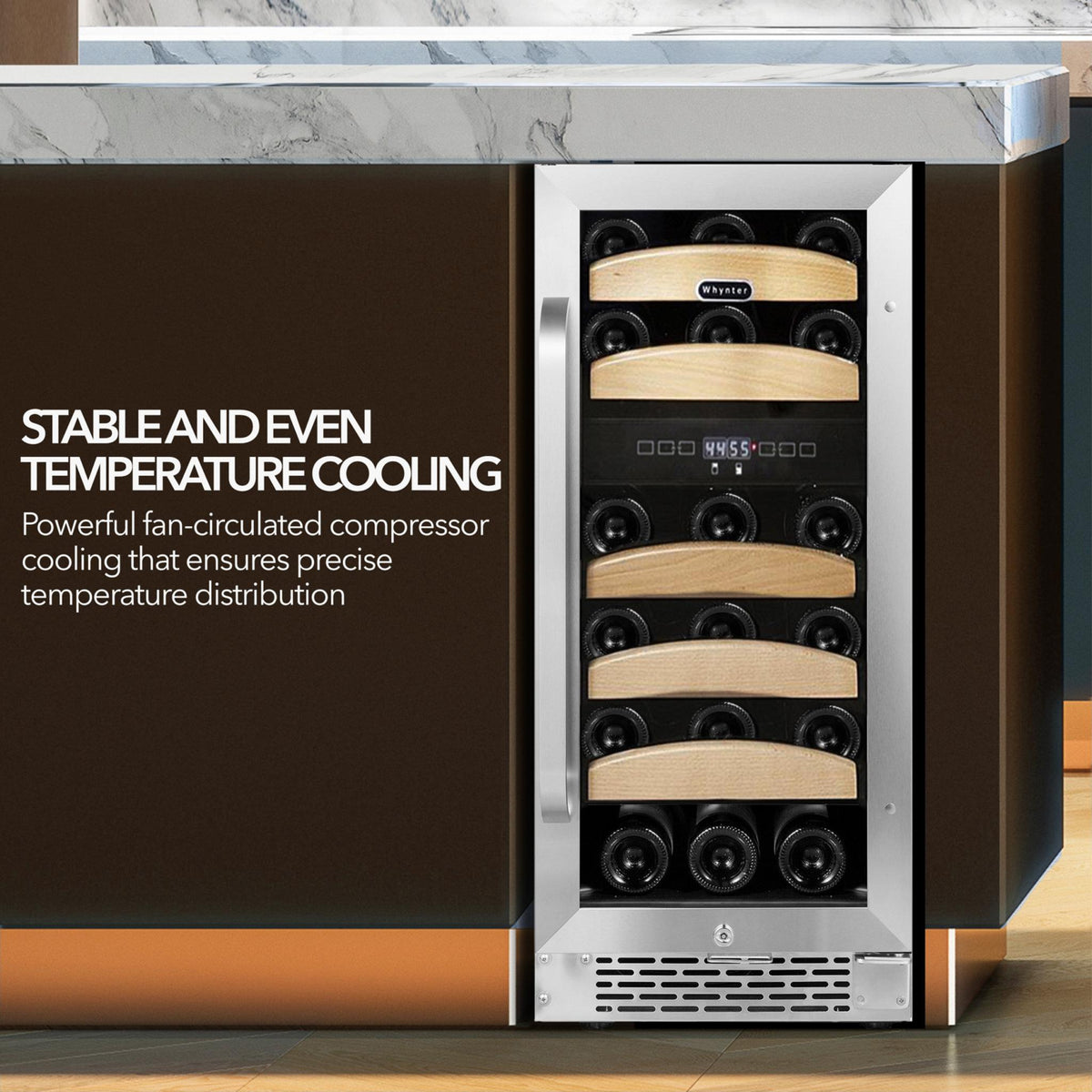 Wine cooler with wine bottles inside, featuring text about stable temperature cooling.