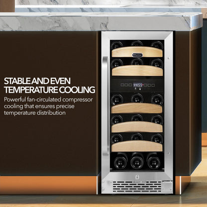 Wine cooler with wine bottles inside, featuring text about stable temperature cooling.