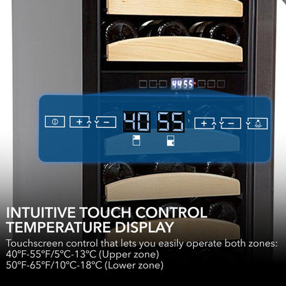 A wine cooler with a digital touch control display overlay, showing a blue translucent interface on the front door with text below reading 'INTUITIVE TOUCH CONTROL TEMPERATURE DISPLAY'.