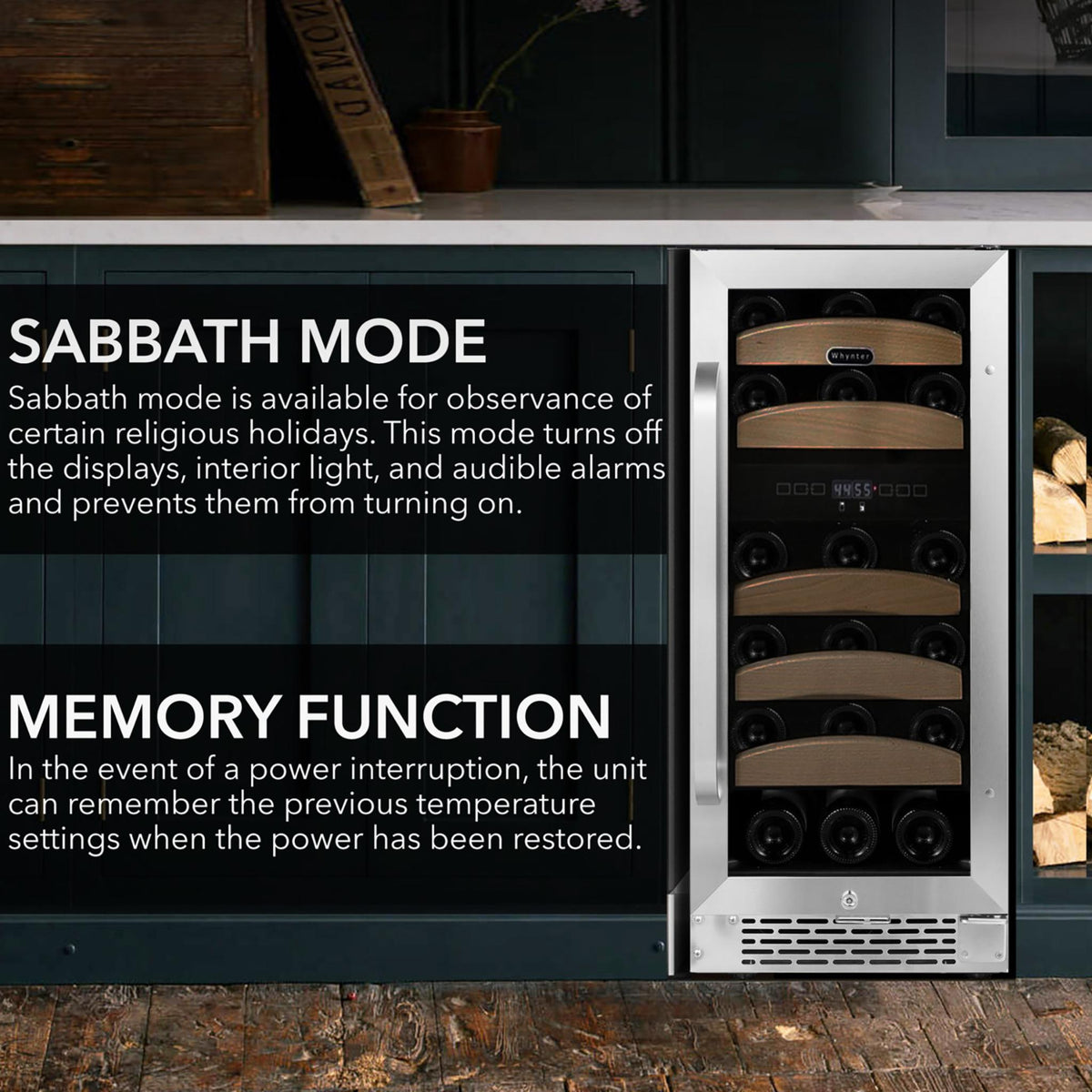 Wine cooler with text explaining Sabbath mode and memory function on a kitchen background